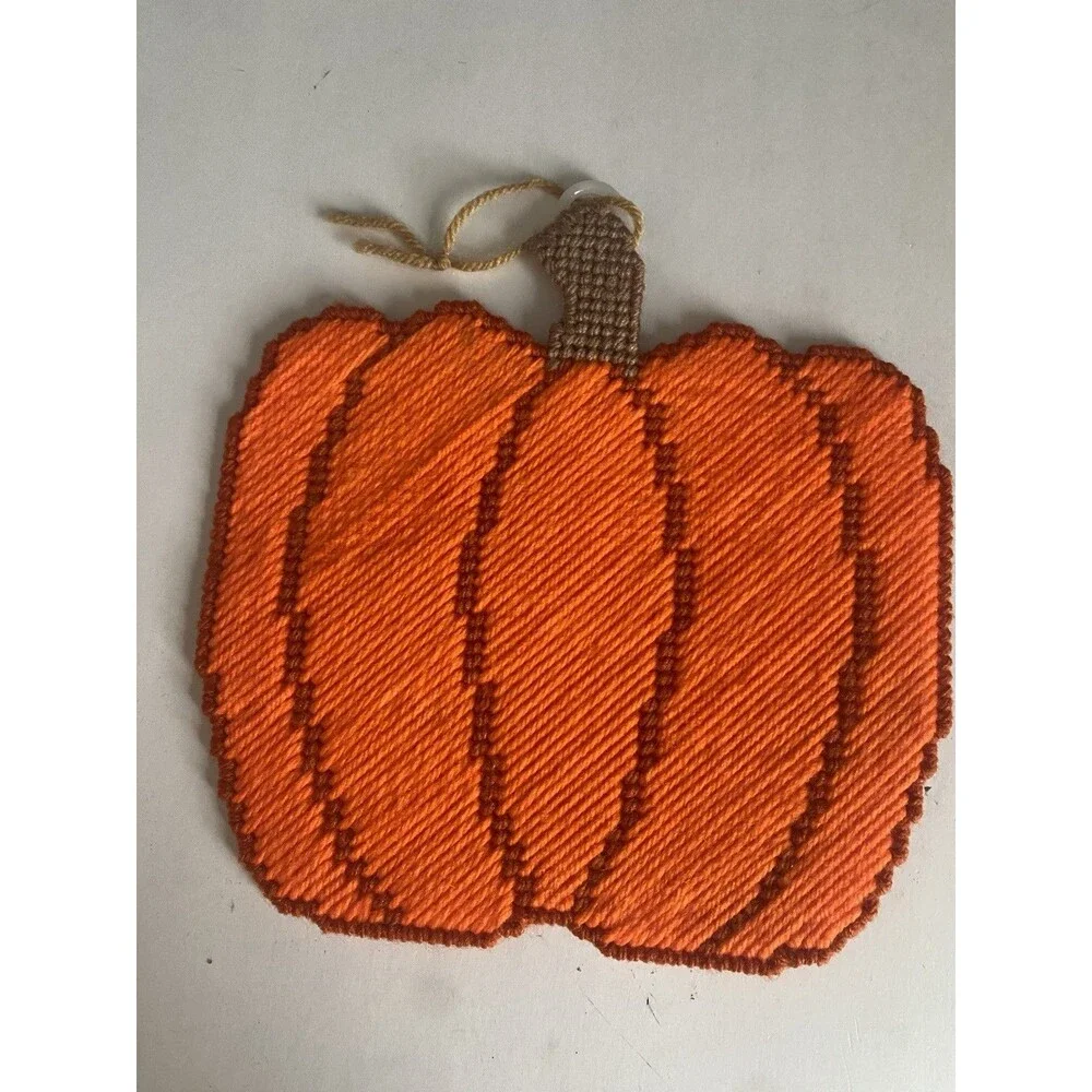 VTG  Halloween Pumpkins Witch  & Cat Wall Hanging Needlepoint Plastic Canvas